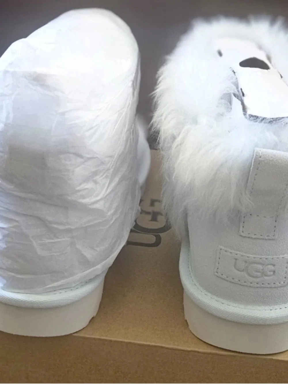 NWT UGG White Suede Fur-Trim Slip-On Women’s Shoes. Color is reef blue